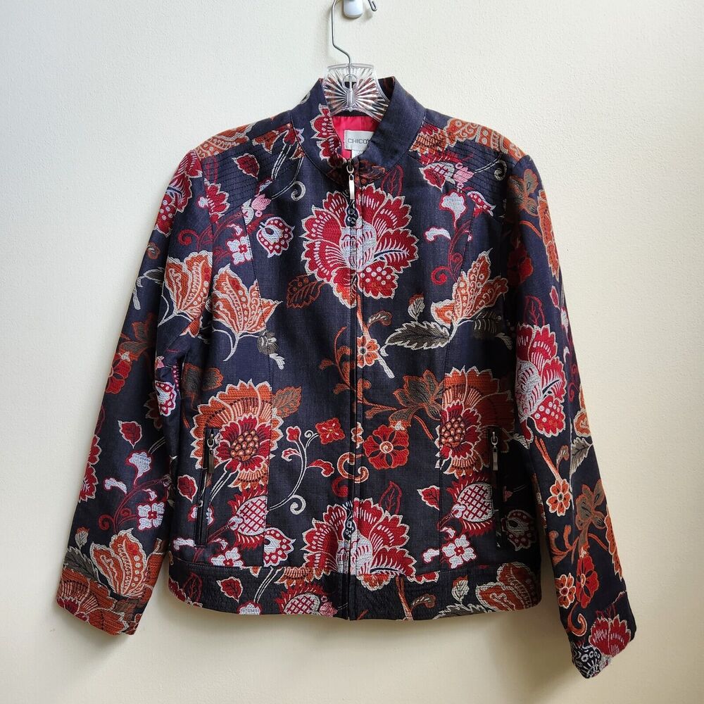 Chico's Jacket Women Size 0 Black Red Graphic Southwestern Zip Front Long Sleeve